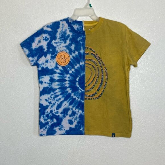 DUTCH BROS Coffee Blue/Mustard Yellow Tie Dye Split T Shirt Size S - Picture 1 of 6